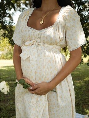 Light Cream Floral Maxi Dress with Tie Waist